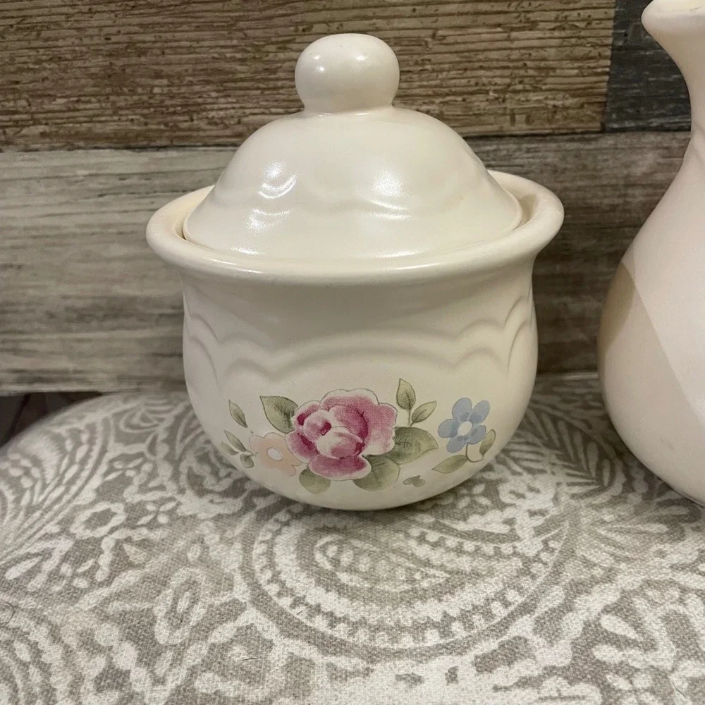 Pfaltzgraff Tea Rose Sugar Bowl and Creamer Pitcher Set Floral Design